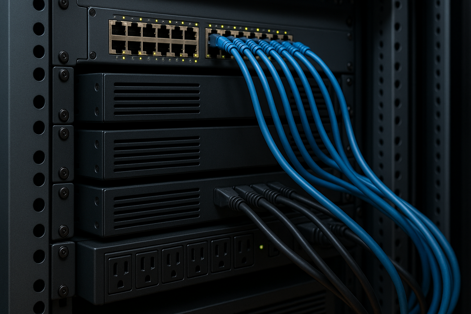 Serverrack med nätverksutrustning