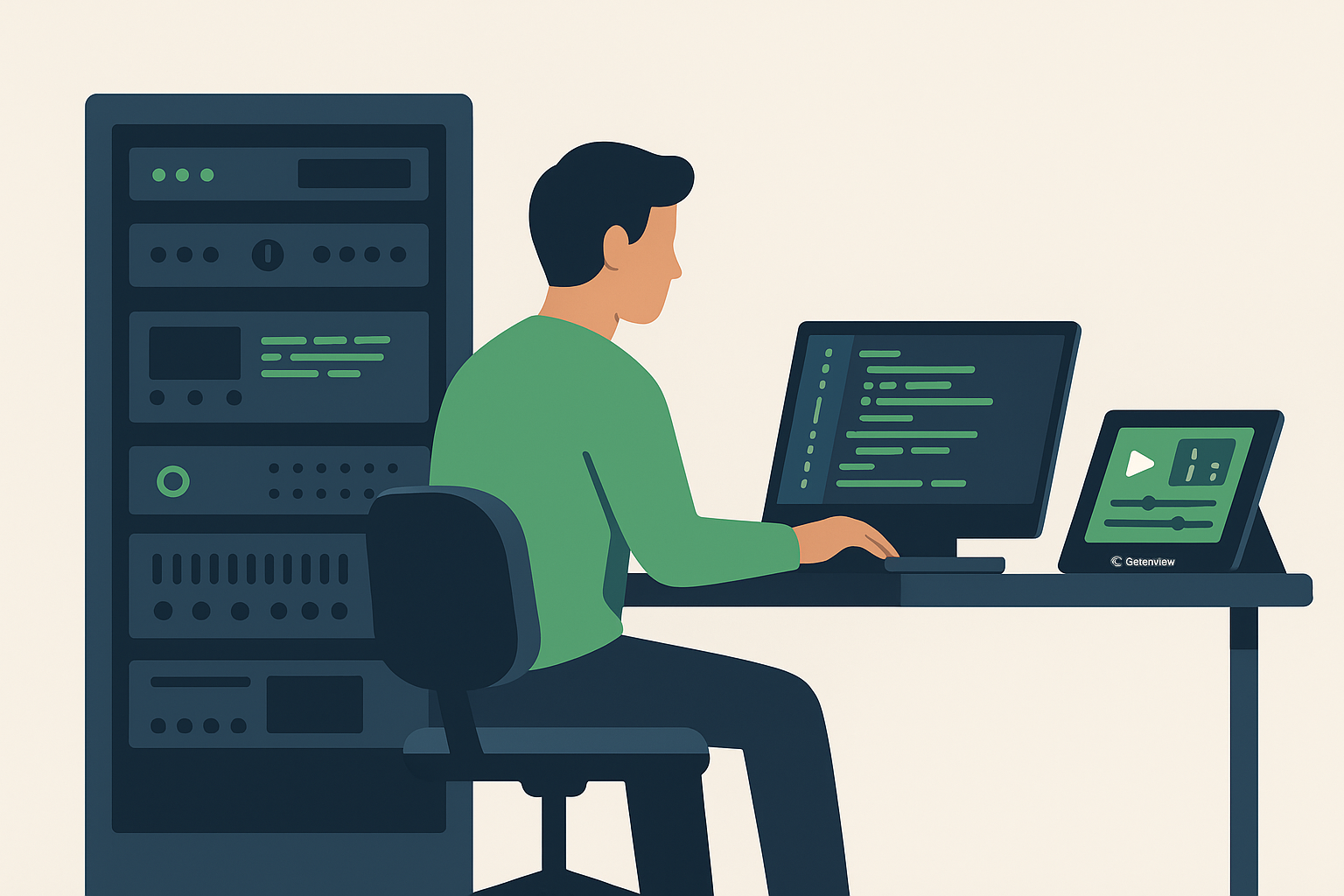 Person som arbetar på en dator med kod på skärmen